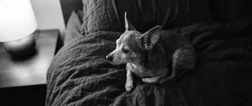 Senior Chihuahua Resting on Bed in Monochrome