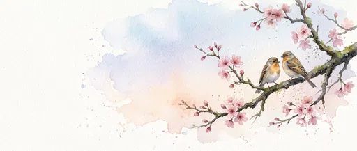 Watercolor Songbirds on Cherry Blossom Branch