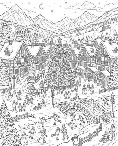 Alpine Christmas Village Coloring Page
