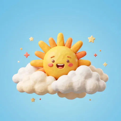 Cute Clay Sun Character Behind Clouds
