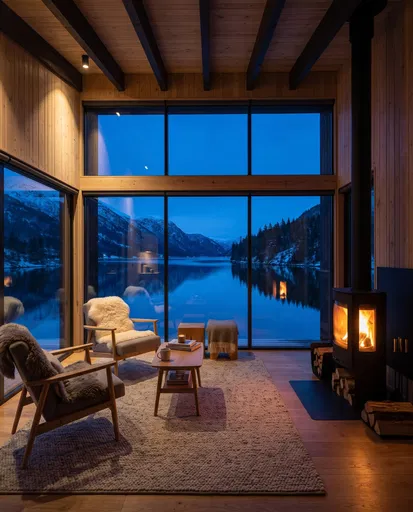 Cozy Nordic Cabin Overlooking Fjord at Twilight