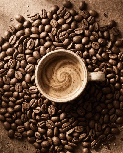 Top-Down Espresso Cup Surrounded by Coffee Beans