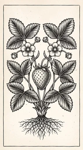 Vintage Botanical Strawberry Plant Woodcut Illustration