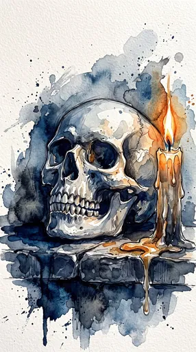 Watercolor Skull and Burning Candle