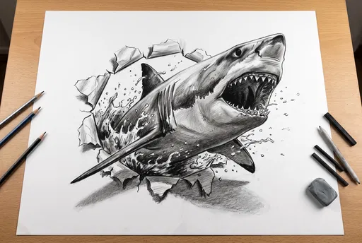 3D Charcoal Shark Drawing on Paper