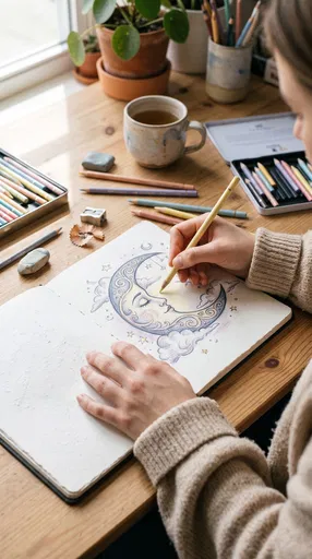 Artist Drawing Crescent Moon in Sketchbook