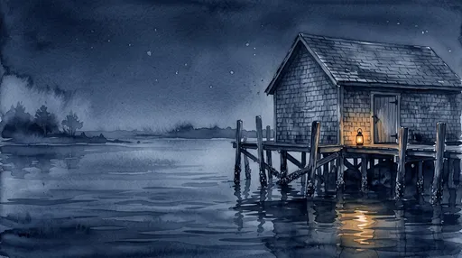 Indigo Watercolor Boathouse at Night