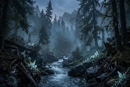Misty Dark Fantasy Forest Crystal Stream