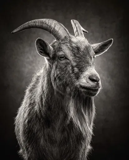 Monochrome Studio Portrait of Bearded Goat