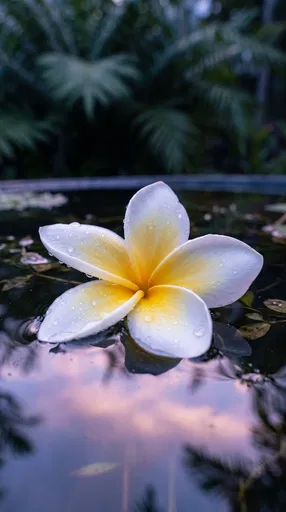 White Plumeria Floating on Twilight Pond