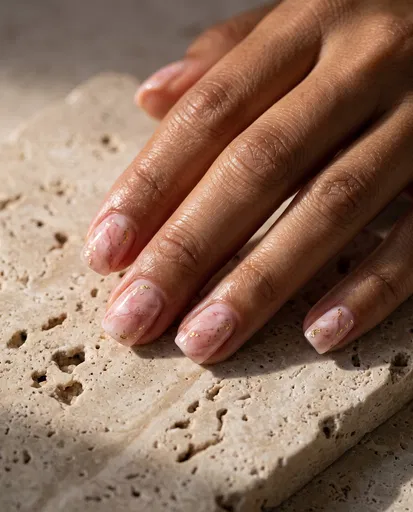 Pink Marble and Gold Flake Nail Art