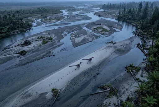 Aerial View of Dinosaurs on River Sandbar