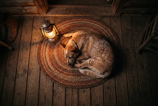 Red Heeler Sleeping By Porch Lantern