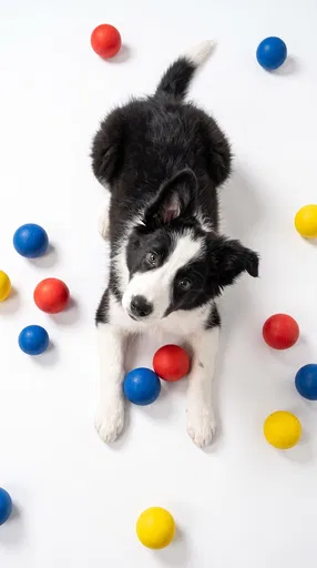 Border Collie Puppy With Colorful Balls