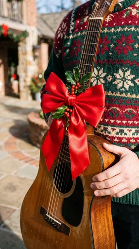 Acoustic Guitar With Christmas Bow and Holly