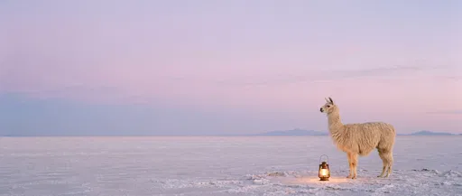 Cream Llama and Lantern on Salt Flat