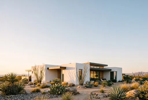 Modern White Stucco Desert Home at Sunset