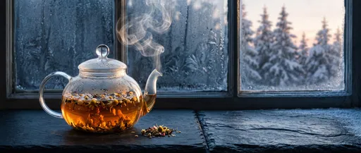 Steaming Glass Teapot on Frosted Winter Windowsill