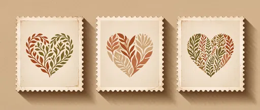 Three Vintage Botanical Heart Postage Stamps