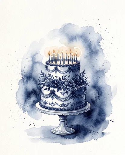 Indigo Watercolor Two-Tier Birthday Cake Illustration