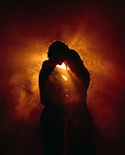 Silhouetted Couple Embracing in Amber Fog