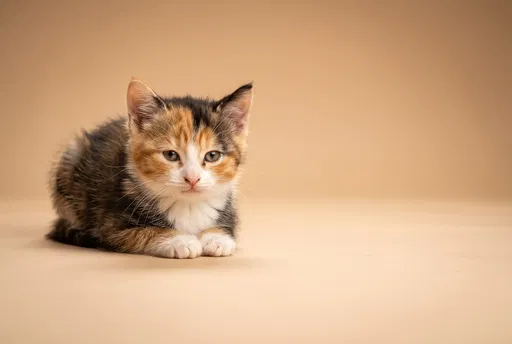 Calico Kitten Resting on Beige Background