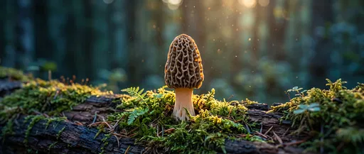 Morel Mushroom on Mossy Log