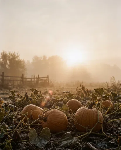 Misty Morning Pumpkin Patch at Sunrise