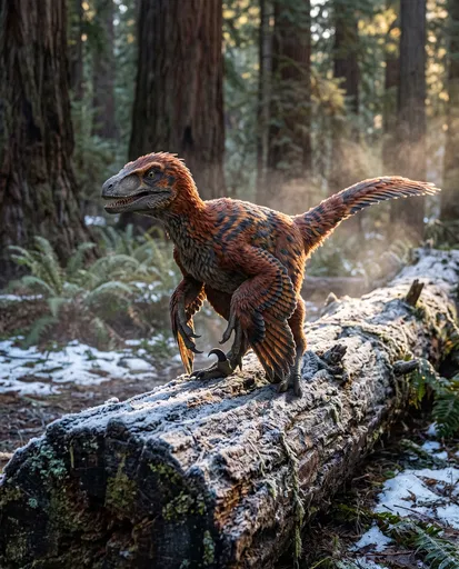 Feathered Deinonychus on Frosty Forest Log