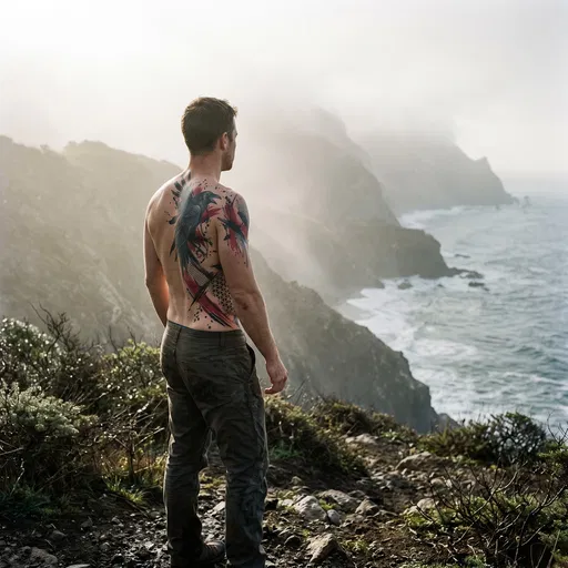 Man With Raven Tattoo on Misty Coast