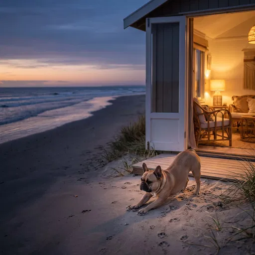 French Bulldog Stretching Outside Beach Cabana