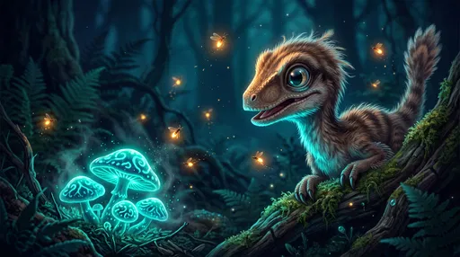 Baby Feathered Dinosaur Looking at Glowing Mushrooms