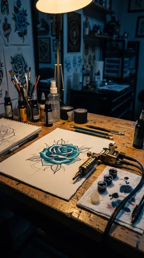 Blue Rose Tattoo Design on Studio Desk