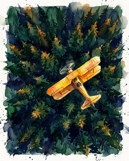 Watercolor Yellow Biplane Over Pine Forest