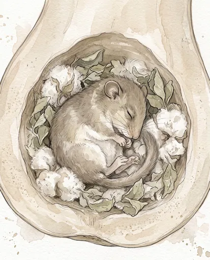 Watercolor Dormouse Sleeping in Hollowed Squash