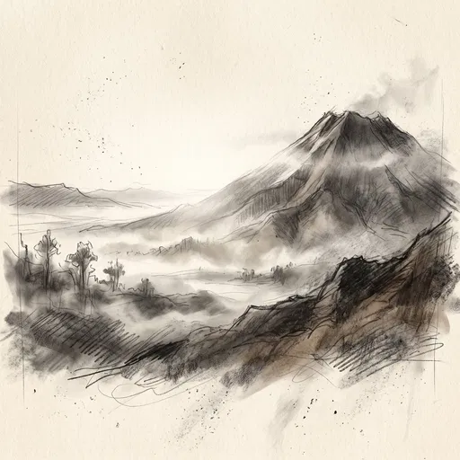 Charcoal Sketch of Misty Volcano Landscape