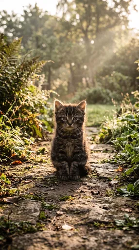 Tabby Kitten on Sunny Garden Path