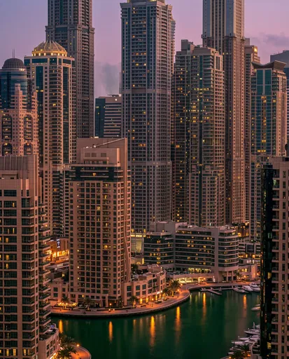 Dubai Marina Skyscrapers and Canal at Dusk