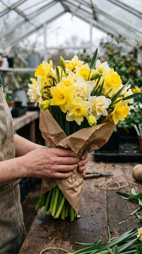 Florist Wrapping Fresh Yellow Daffodil Bouquet