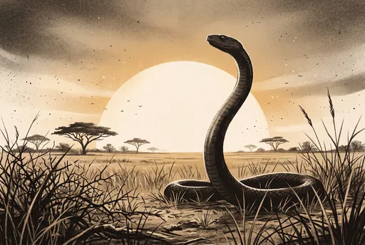 Black Mamba in Savanna Sunset Illustration