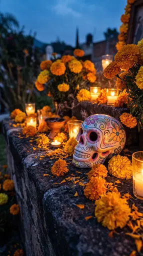Painted Sugar Skull and Marigolds at Twilight