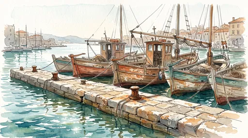 Watercolor Fishing Boats Moored at Stone Quay