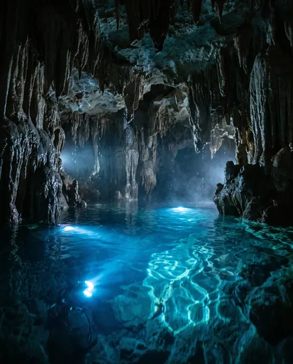 Flooded Limestone Cavern with Blue Lights