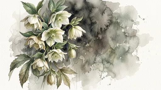 Botanical Watercolor White Hellebore Flowers