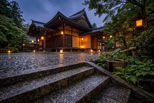 Illuminated Japanese Pavilion Courtyard at Dusk