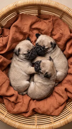 Three Sleeping Pug Puppies in Basket