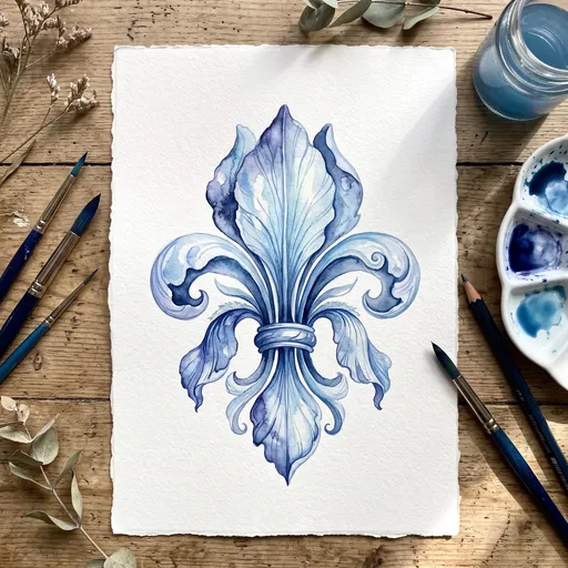 Blue Watercolor Botanical Fleur-de-Lis Flat Lay
