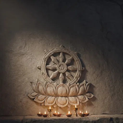 Carved Stone Dharma Wheel and Lotus Relief