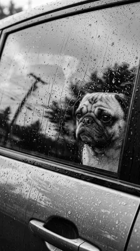 Pug Looking Out Rainy Car Window