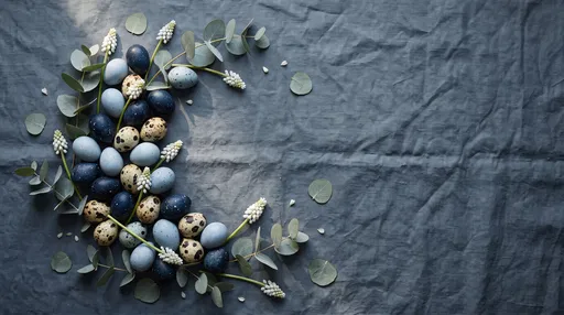 Blue Quail Eggs and Eucalyptus Flat Lay